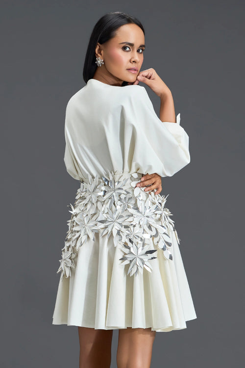 White Voluminous Sleeve Dress with Silver Floral Belt