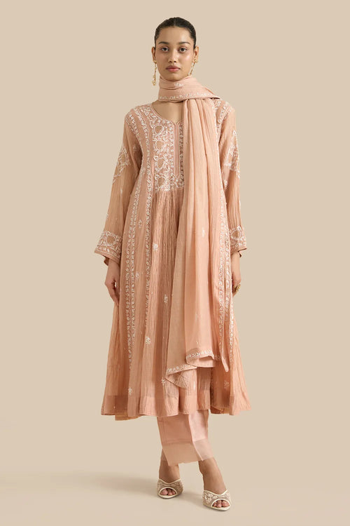 Kurta Set With Gathers Set With Chikankari Threadwork And Haath Ki Jaali Embroidery