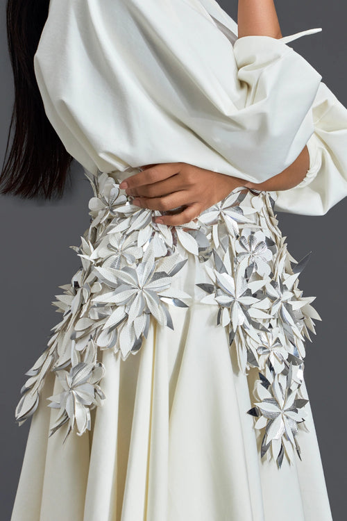 White Voluminous Sleeve Dress with Silver Floral Belt