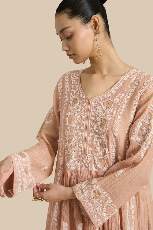 Kurta Set With Gathers Set With Chikankari Threadwork And Haath Ki Jaali Embroidery