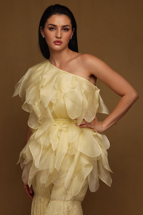 One shoulder Ruffle Top with Beaded Pants