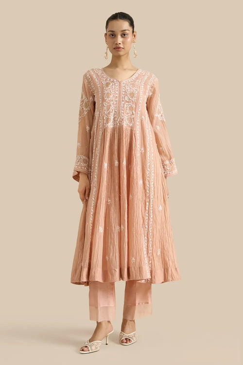 Kurta Set With Gathers Set With Chikankari Threadwork And Haath Ki Jaali Embroidery