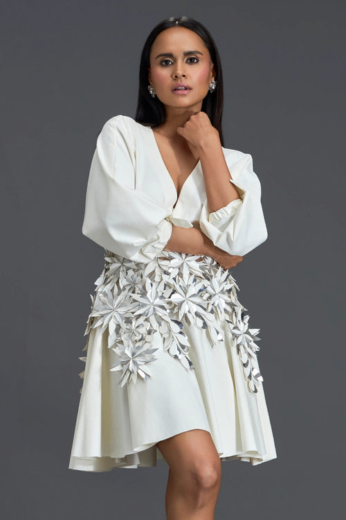 White Voluminous Sleeve Dress with Silver Floral Belt
