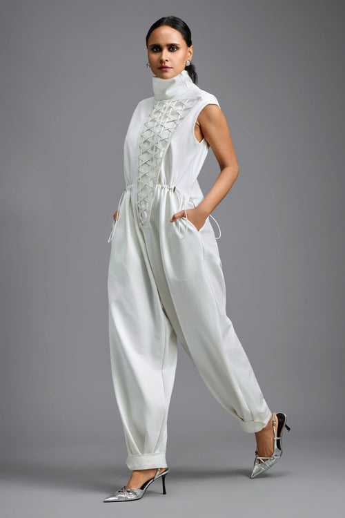 White Sculptural High-Neck Jumpsuit