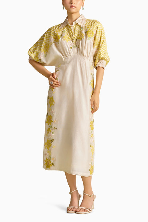Ivory And Yellow Checkered Kimono Dress