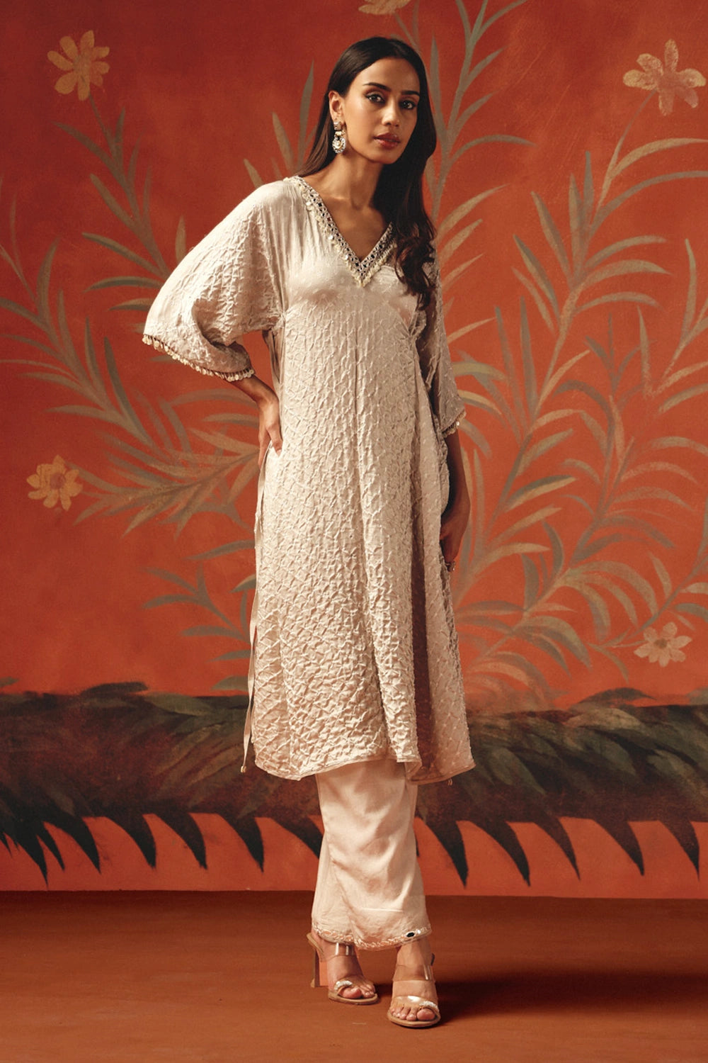 Moon Dust V Neck Drawstring Kurta with Chanderi Silk Palazzos