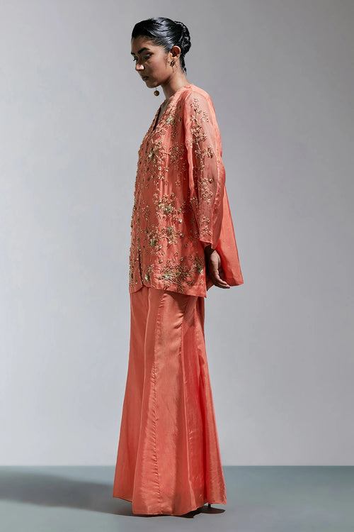 Vermilion Floral Embroidered Silk Sharara Set