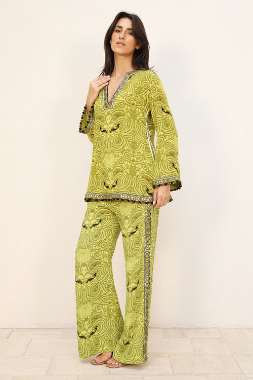 Olive Green Printed Patra Work Co-ord Set