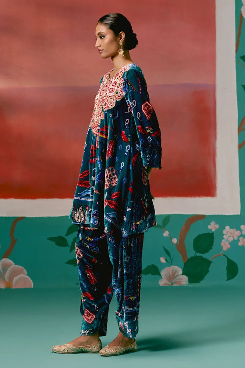 Teal Aztec Velvet Kurta Set