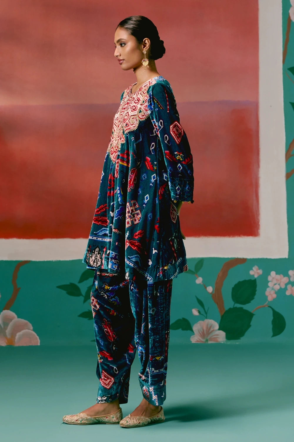 Teal Aztec Velvet Kurta Set
