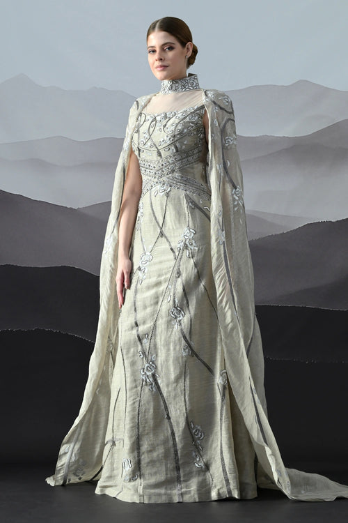 Soft Grey Couture Gown With Hand-Embroidered Floral Trails