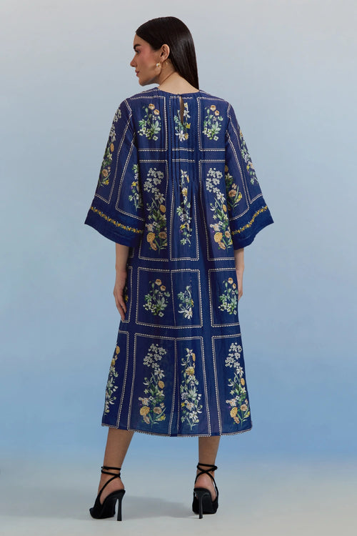 Blue Bouquet Pleated Dress