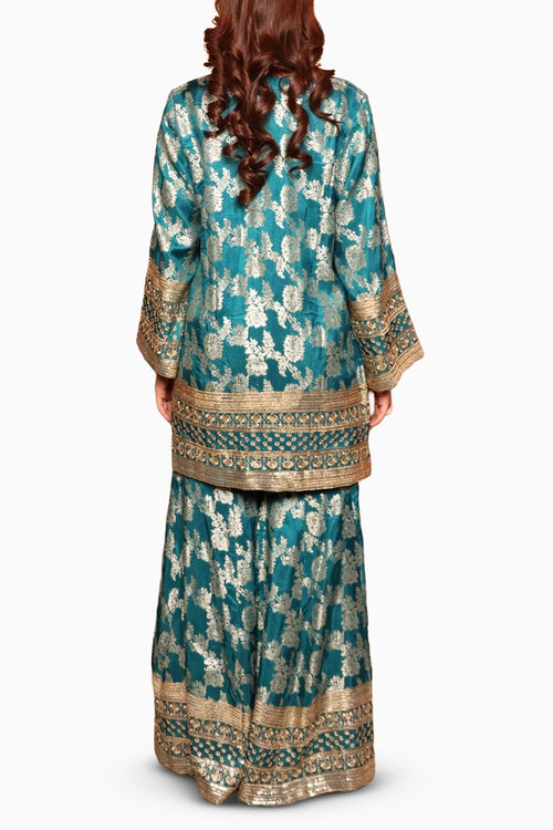 Turqouise Banarasi Begum Sharara Set With Pink Dupatta