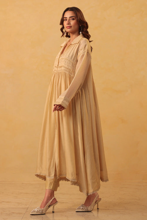 Vaayu Beige Pintuck Collar Kurta Set
