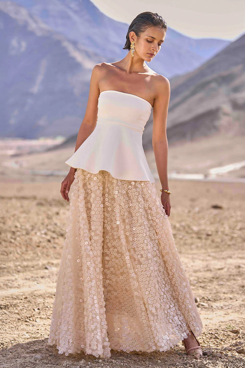 Ivory Peplum Top with 3D Floral Sequin Skirt