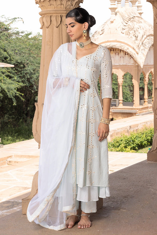 Ice Blue Big Flower Anarkali with Pants and Dupatta