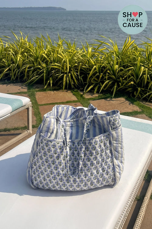 White Blue Pocket Tote Bag