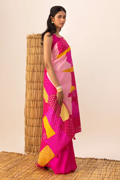 Rani Multi Bandhani Patchwork Saree