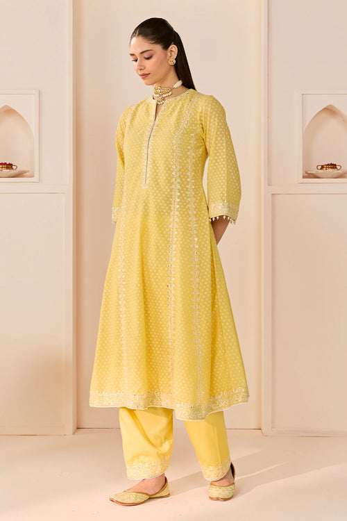 Firdaus Lemon Yellow Long Kalidaar Chauga with Dogri Salwar and Dupatta