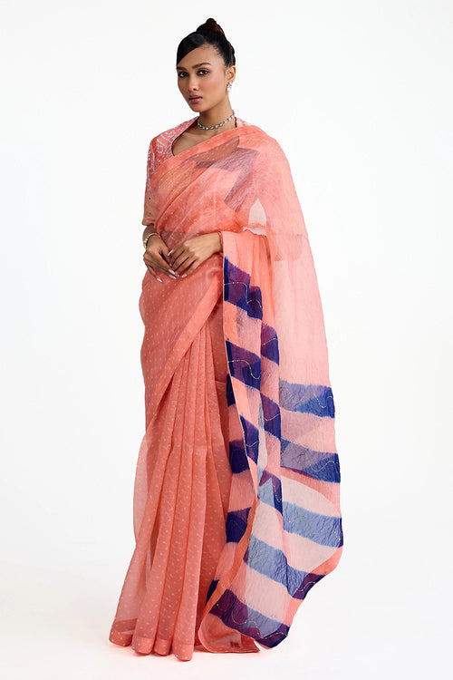 Peach Organza Bandhani Saree with Boro Blouse
