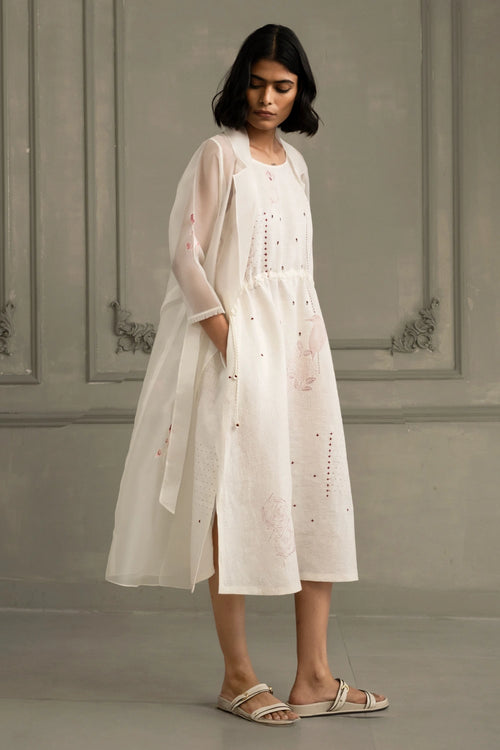 Ivory Rose Appliqué Organza Jacket And Linen Strap Dress