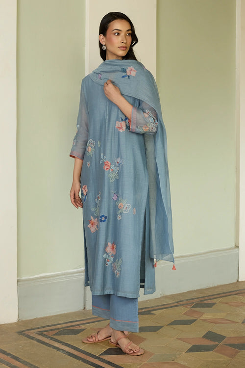 Mist Blue Applique Kurta Set