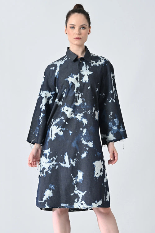 Midnight Blue Ink Abstract Printed Shirt Dress