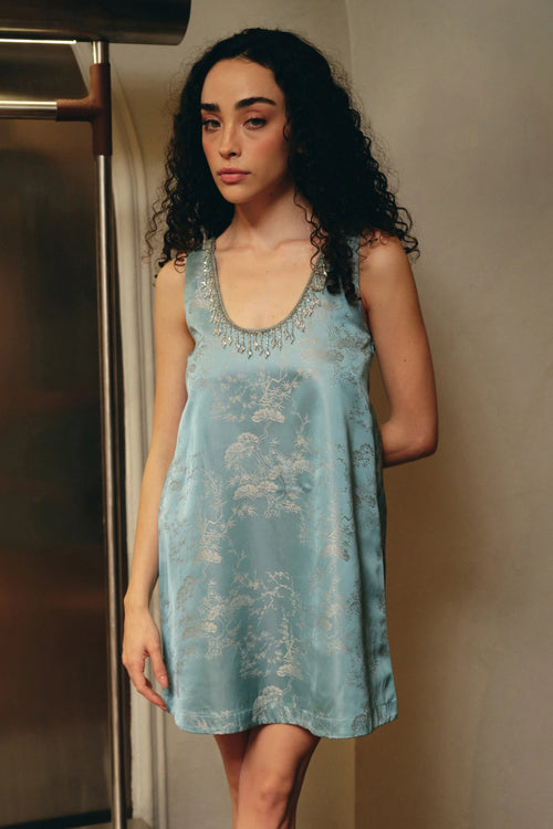 Teal Blue Jacquard Embellished Neck Mini Dress