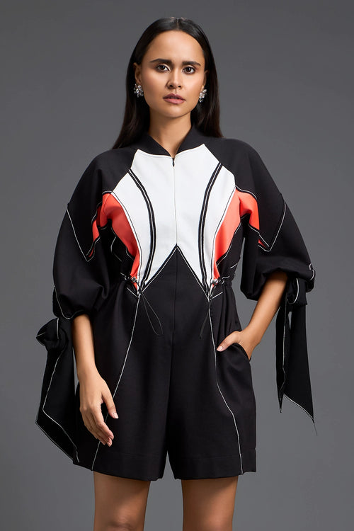 Tie-Sleeve Colour-Block Playsuit