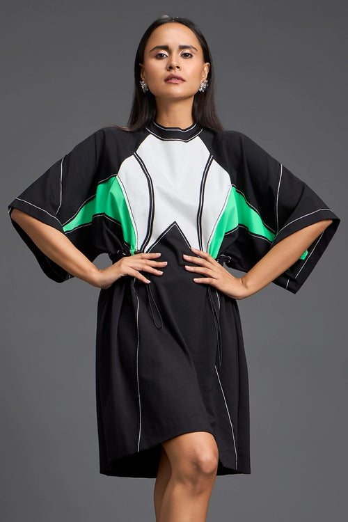 High-Neck Contrast Panel Dress