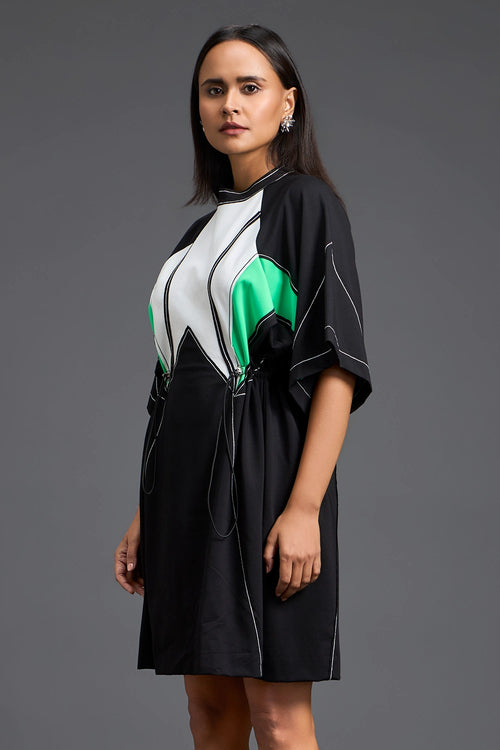 High-Neck Contrast Panel Dress