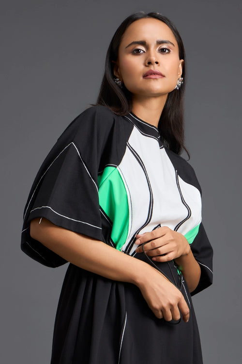 High-Neck Contrast Panel Dress