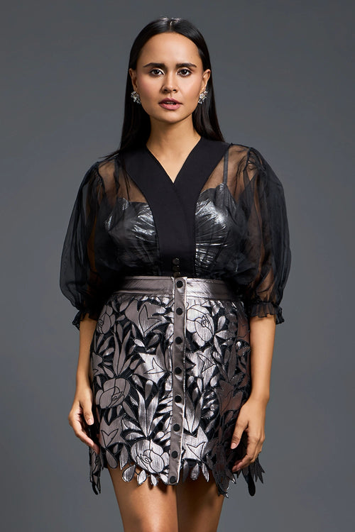Sheer Organza Blouse and Floral Laser-Cut Mini Skirt Set