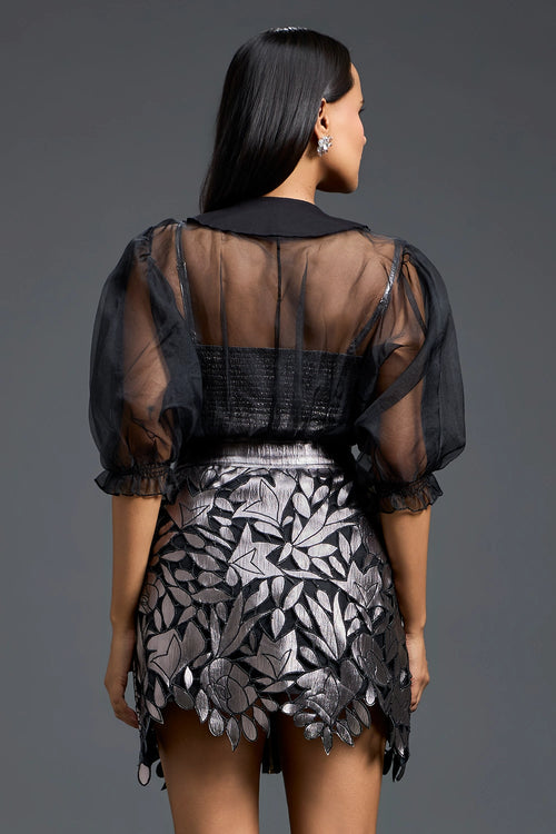 Sheer Organza Blouse and Floral Laser-Cut Mini Skirt Set