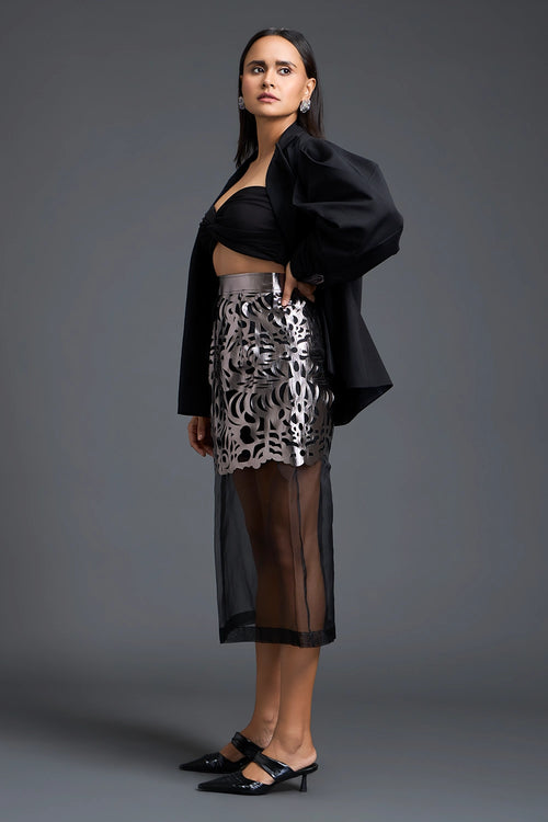 Structured Blazer Bralette and Laser-Cut Overlay Skirt Set