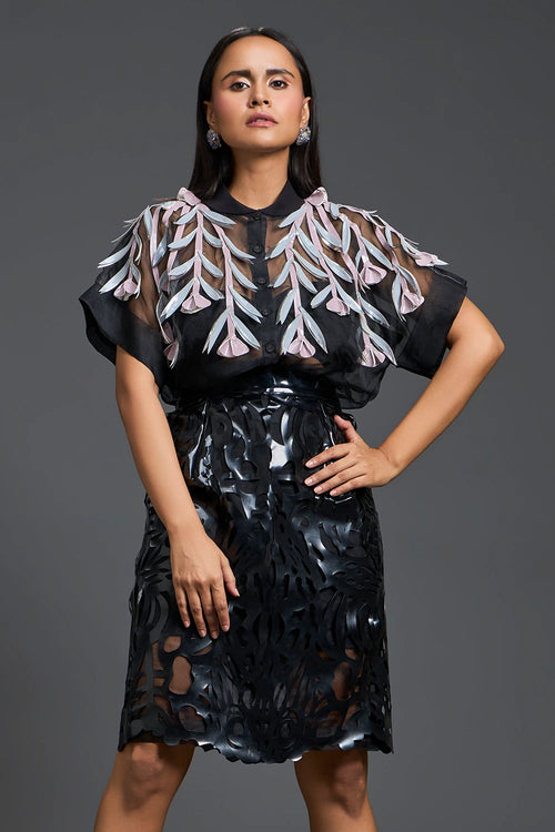 Black Sheer Floral Blouse and Laser-Cut Pencil Skirt Set