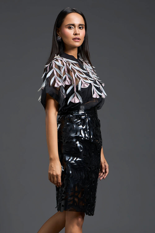 Black Sheer Floral Blouse and Laser-Cut Pencil Skirt Set