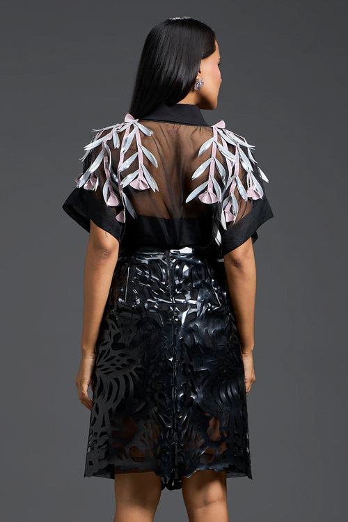 Black Sheer Floral Blouse and Laser-Cut Pencil Skirt Set