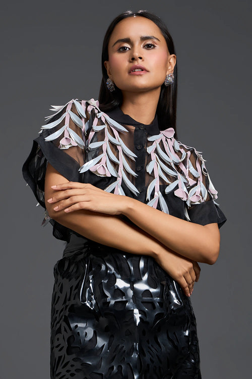Black Sheer Floral Blouse and Laser-Cut Pencil Skirt Set
