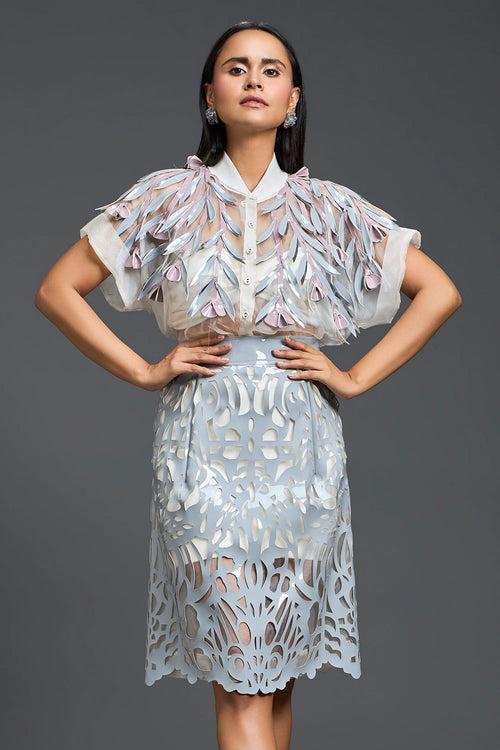 Grey Sheer Floral Blouse and Laser-Cut Pencil Skirt Set