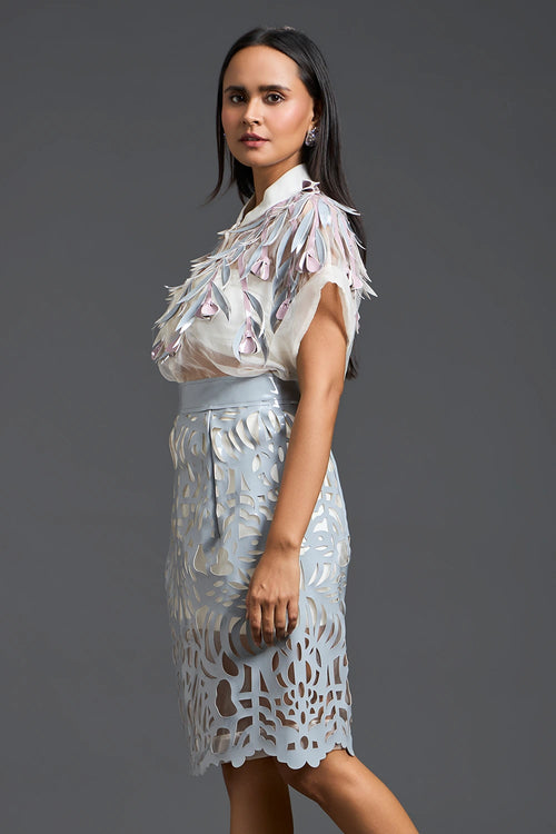 Grey Sheer Floral Blouse and Laser-Cut Pencil Skirt Set