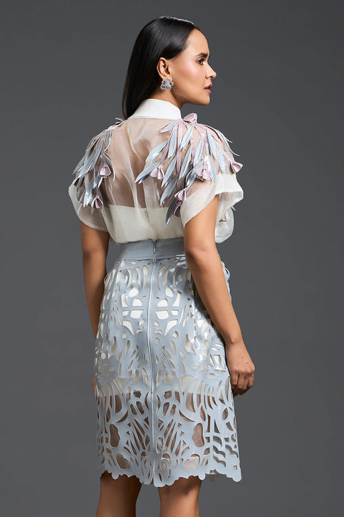 Grey Sheer Floral Blouse and Laser-Cut Pencil Skirt Set