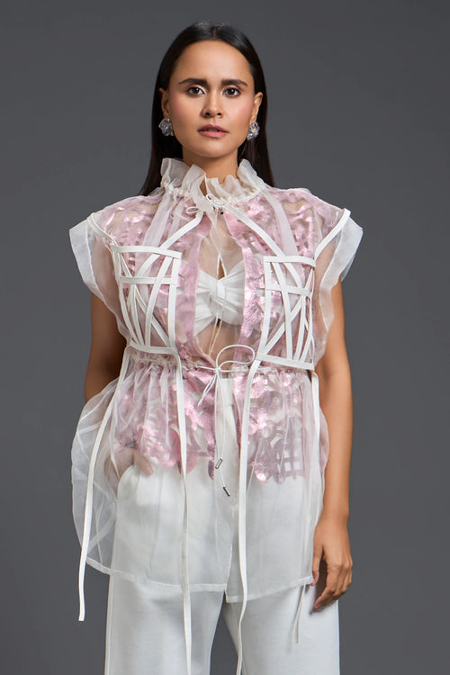 Onion Pink Floral Patchwork Organza Top