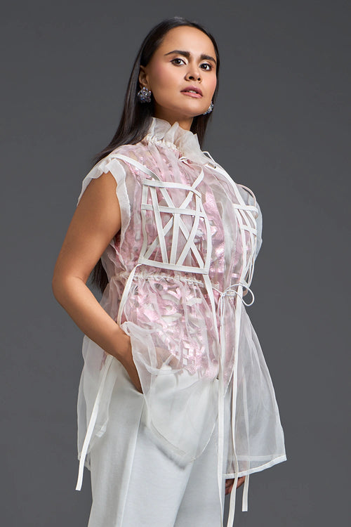 Onion Pink Floral Patchwork Organza Top