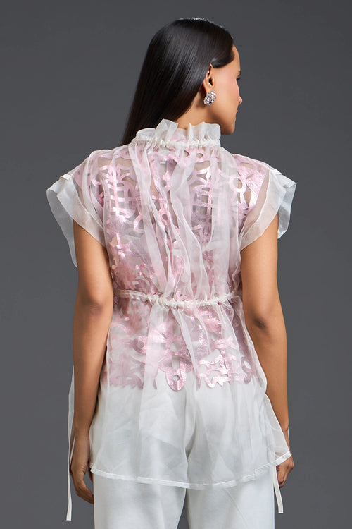 Onion Pink Floral Patchwork Organza Top