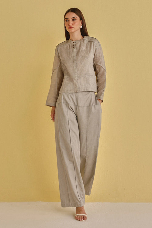 Frosted Chrome Pintuck Pleat Jacket With Palazzos