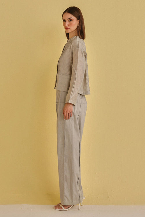 Frosted Chrome Pintuck Pleat Jacket With Palazzos