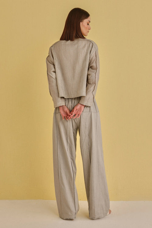 Frosted Chrome Pintuck Pleat Jacket With Palazzos