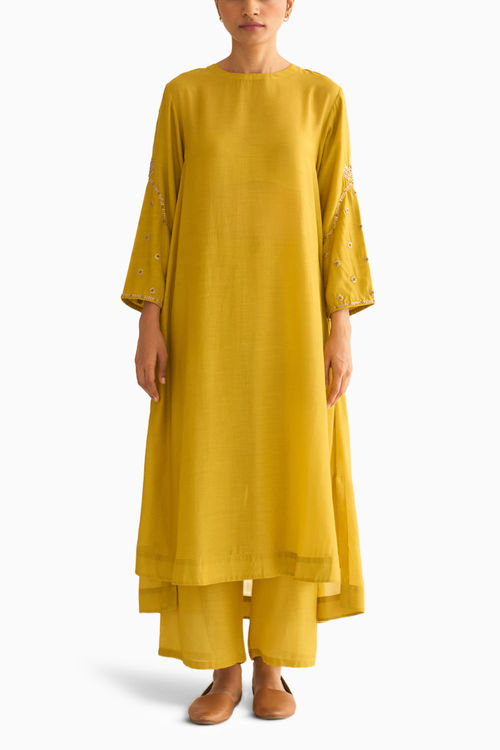 Ambily Lemon Green Silk Kurta Set