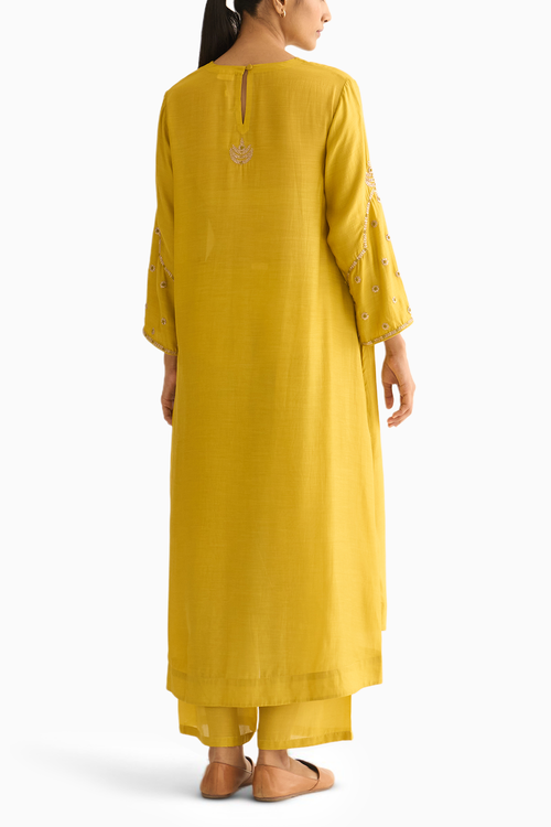 Ambily Lemon Green Silk Kurta Set